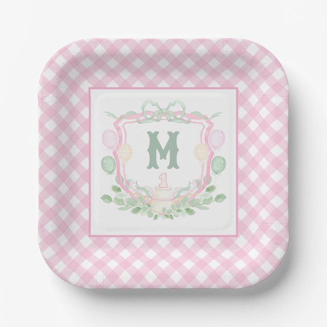 Watercolor Pink 1st Birthday Monogram Crest Party Paper Plate (Front)