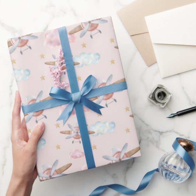 Watercolor Pink Airplane Wrapping Paper (Gifting)