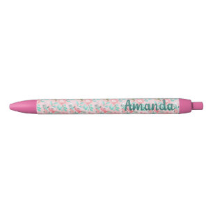 Watercolor Pink and Aqua Floral Black Ink Pen