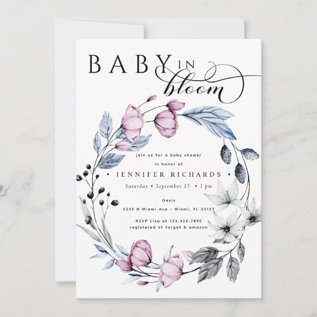 Watercolor Pink and Blue Flowers Baby Shower Invitation (Front)