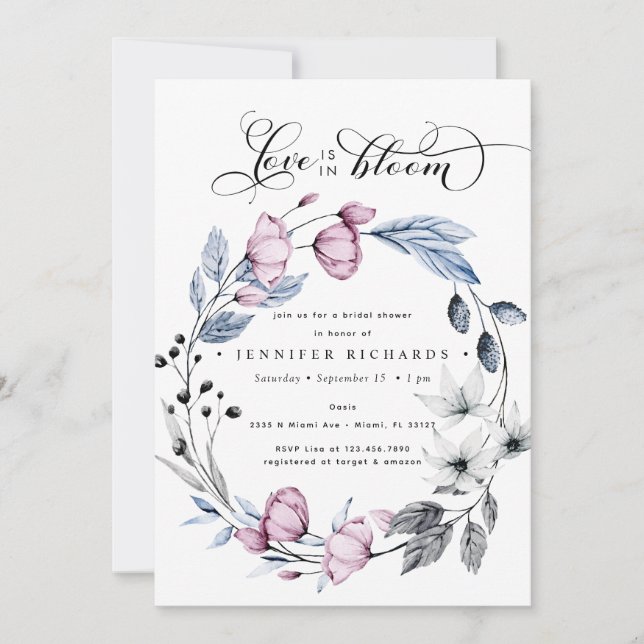 Watercolor Pink and Blue Flowers Bridal Shower Invitation (Front)