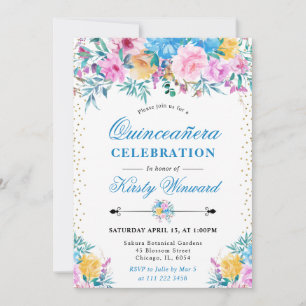Watercolor Pink and Blue Flowers Quinceanera Invitation