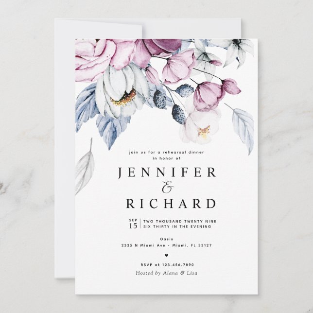 Watercolor Pink and Blue Flowers Rehearsal Dinner Invitation (Front)