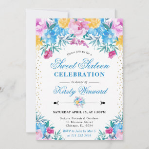 Watercolor Pink and Blue Flowers Sweet 16 Invitati Invitation