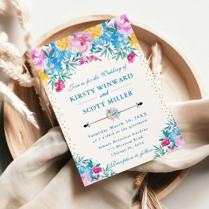 Watercolor Pink and Blue Flowers Wedding Invitation