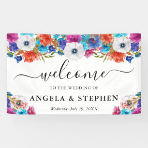 Watercolor Pink and Blue Flowers Wedding Welcome Banner