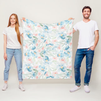 Watercolor pink and blue flowers White Fleece Blanket