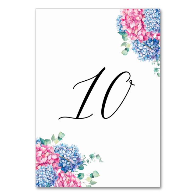 Watercolor Pink and Blue Hydrangeas Table 10 Number (Front)