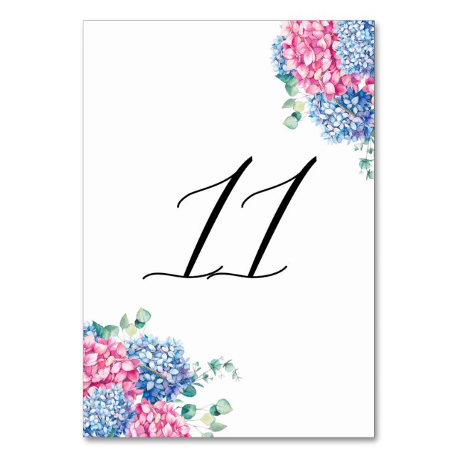 Watercolor Pink and Blue Hydrangeas Table 11 Number (Front)