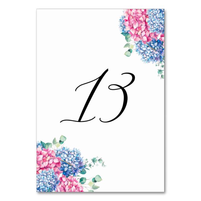 Watercolor Pink and Blue Hydrangeas Table 13 Table Number (Front)