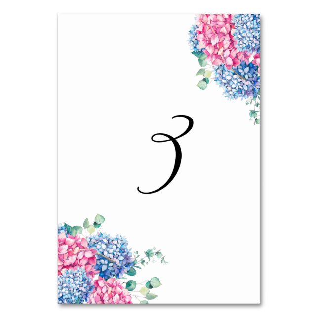 Watercolor Pink and Blue Hydrangeas Table 3 Table Number (Front)