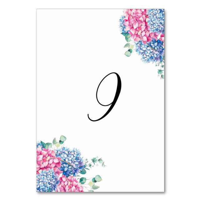 Watercolor Pink and Blue Hydrangeas Table 9 Table Number (Front)