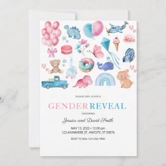 Watercolor Pink and Blue Illustrated Gender Reveal Invitation