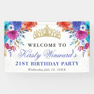Watercolor Pink and Blue Summer Flowers Birthday Banner