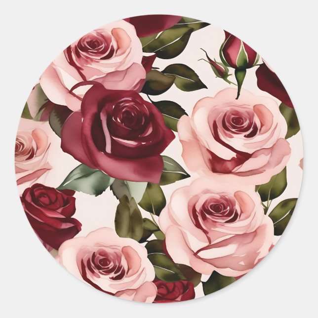 Watercolor Pink and Burgundy Floral Classic Round Sticker (Front)