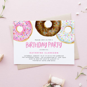 Watercolor Pink and Chocolate Doughnuts Birthday Invitation