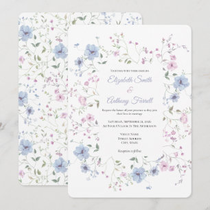 Watercolor Pink And Dusty Blue Botanical Wedding  Invitation