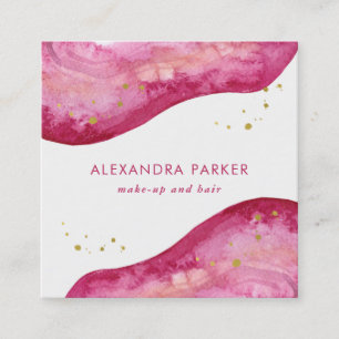 Watercolor Pink and Faux Gold Geode Square Business Card