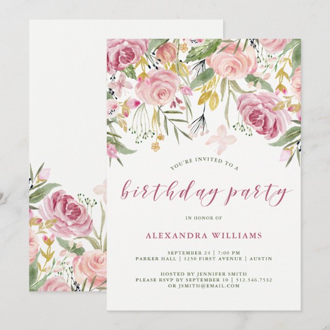 Watercolor Pink and Gold Floral Birthday Party Invitation (Front/Back)