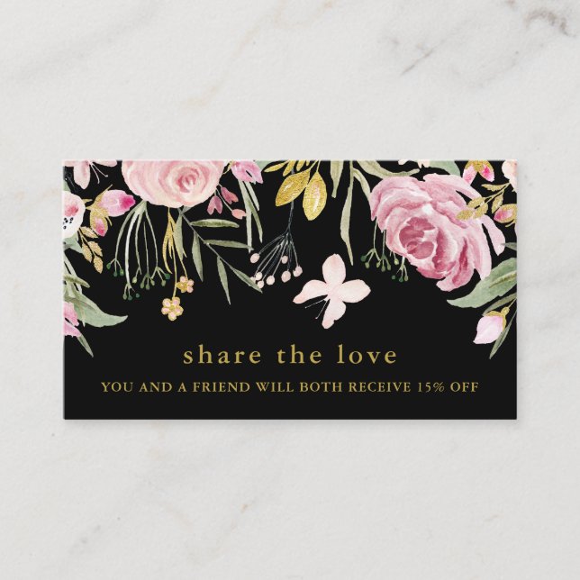 Watercolor Pink and Gold Floral Referral | Black Card (Front)