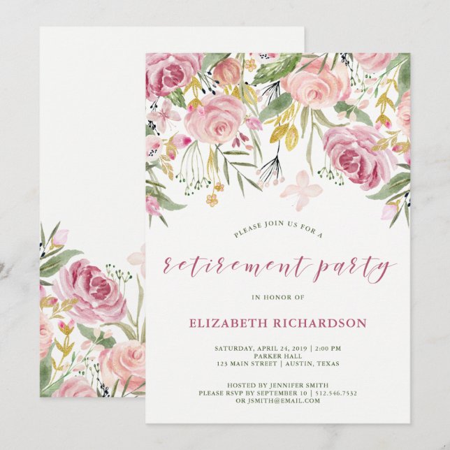 Watercolor Pink and Gold Floral Retirement Party Invitation (Front/Back)