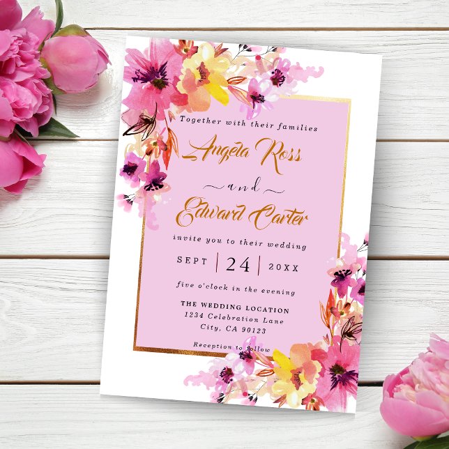 Watercolor Pink And Gold Floral Wedding Invitation (Creator Uploaded)