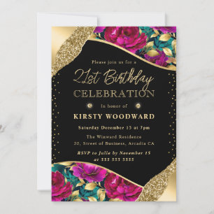 Watercolor Pink and Gold Flowers 21st Birthday Invitation