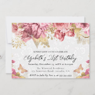 Watercolor Pink and Gold Flowers 21st Birthday Invitation