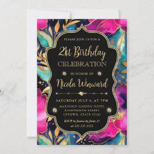 Watercolor Pink and Gold Flowers 21st Birthday Invitation