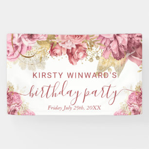 Watercolor Pink and Gold Flowers Birthday Banner