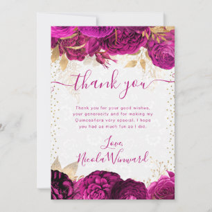 Watercolor Pink and Gold Flowers Quinceanera Thank You Card