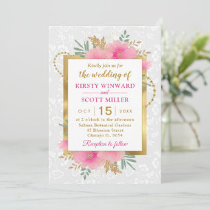 Watercolor Pink and Gold Flowers Wedding Invitation