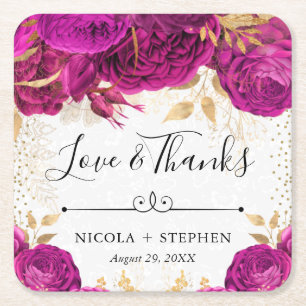 Watercolor Pink and Gold Flowers Wedding Square Paper Coaster