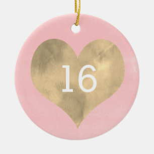 Watercolor Pink and Gold Heart 16th Birthday Ceram Ceramic Tree Decoration