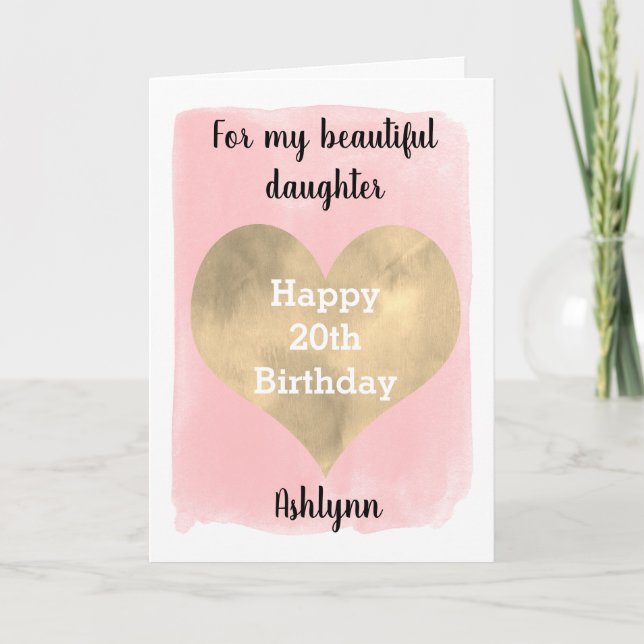 Watercolor Pink and Gold Heart 20th Birthday Card (Front)