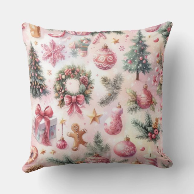 Watercolor Pink and Green Christmas Motifs Collage Cushion (Back)