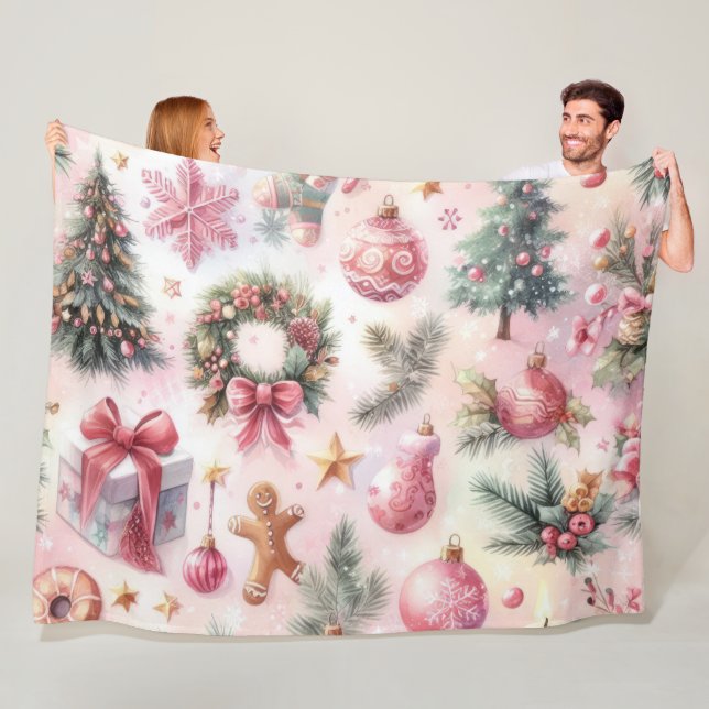 Watercolor Pink and Green Christmas Motifs Collage Fleece Blanket (In Situ)
