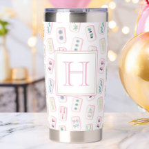 Watercolor Pink and Green Mahjong Tiles Monogram