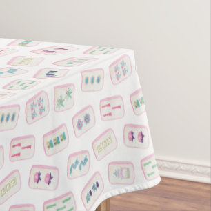 Watercolor Pink and Green Mahjong Tiles Tablecloth