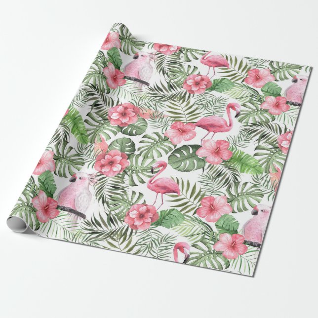 Watercolor Pink and Green Tropical Pattern Wrapping Paper (Unrolled)
