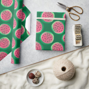 Watercolor Pink and Green Watermelon Pattern Wrapping Paper