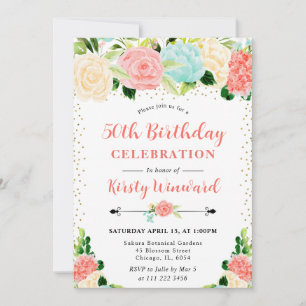 Watercolor Pink and Mint Flowers 50th Birthday Invitation