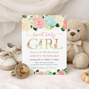Watercolor Pink and Mint Flowers Baby Shower Invitation