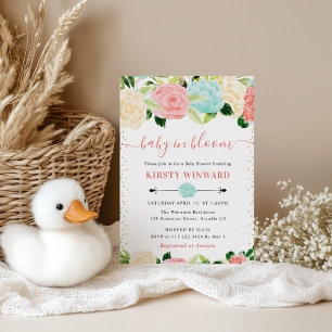 Watercolor Pink and Mint Flowers Baby Shower Invitation