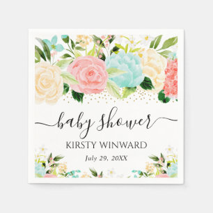 Watercolor Pink and Mint Flowers Baby Shower Napkin