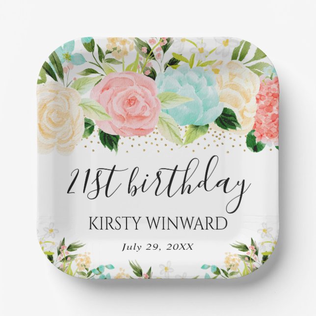 Watercolor Pink and Mint Flowers Birthday Paper Plate (Front)