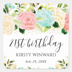 Watercolor Pink and Mint Flowers Birthday Square Sticker