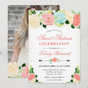 Watercolor Pink and Mint Flowers Photo Sweet 16 Invitation