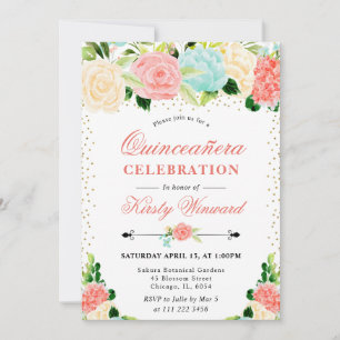 Watercolor Pink and Mint Flowers Quinceanera Invitation