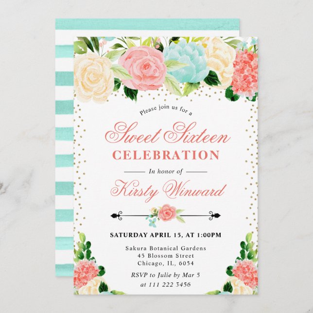 Watercolor Pink and Mint Flowers Sweet 16 Invitation (Front/Back)